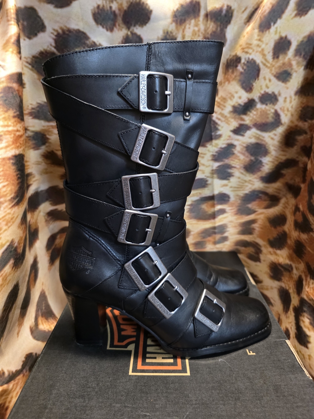 Harley Davidson LESLIE Black Leather Buckle Heeled Boots - Size 7.5